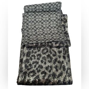 Coach NWT Gray Silk and Sequin Ocelot and Signature Print Skinny Scarf